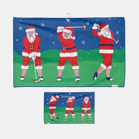 Uther Cart Golf Towel – Premium Microfiber Towel with Carabiner Clip, Golf Accessories – 15 Inch x 24 Inch, 20+ High Fashion Prints (Golfing Santa)